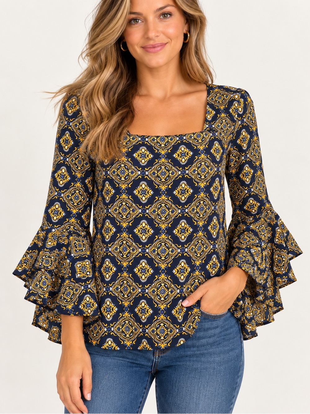 41 Hawthorn Blouse Large Navy Medallion Print Bell Sleeve Stitch Fix